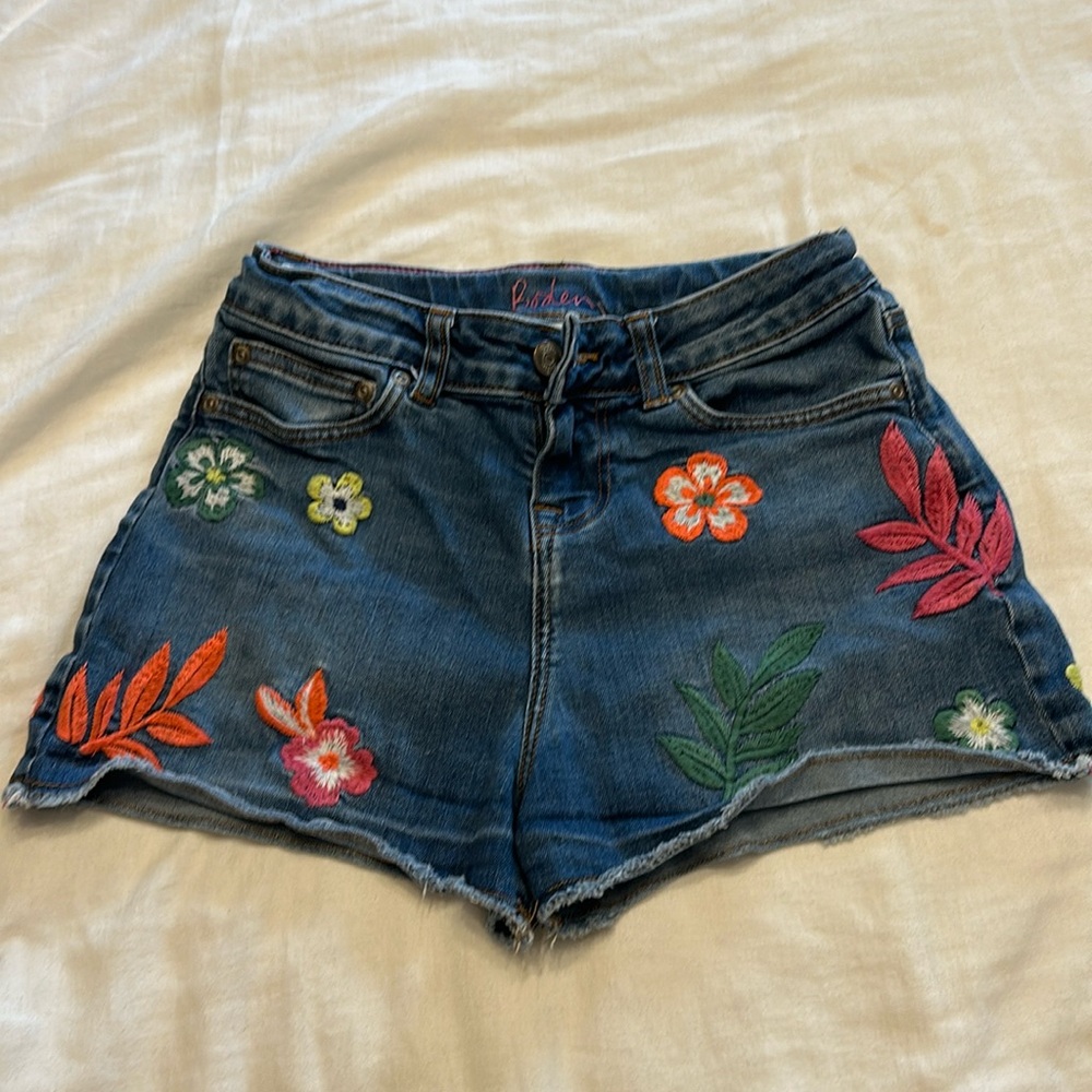 Boden embroidered flower denim jean shorts 12 adjustable
